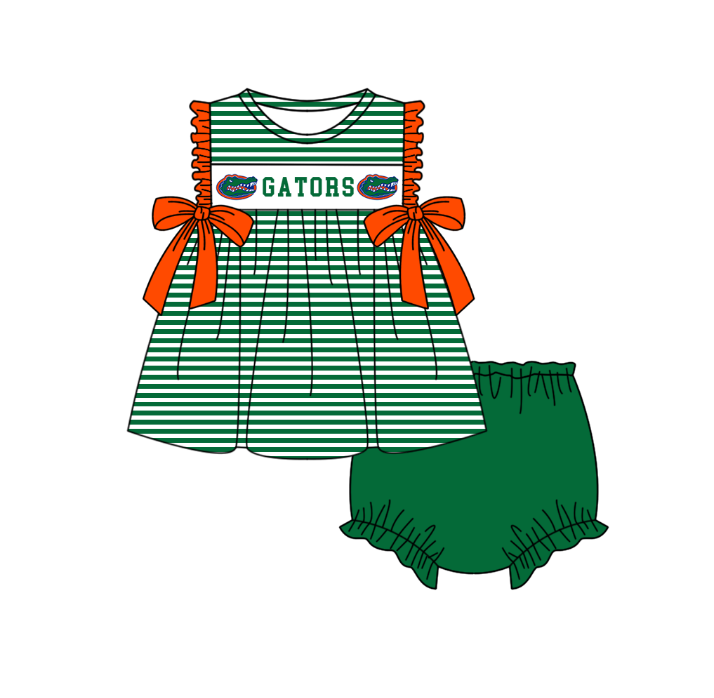 CUSTOM MOQ 5 Sibling Baby Kids Green Stripe Top Ruffles Shorts Clothes Set Knee Length Dress Rompers