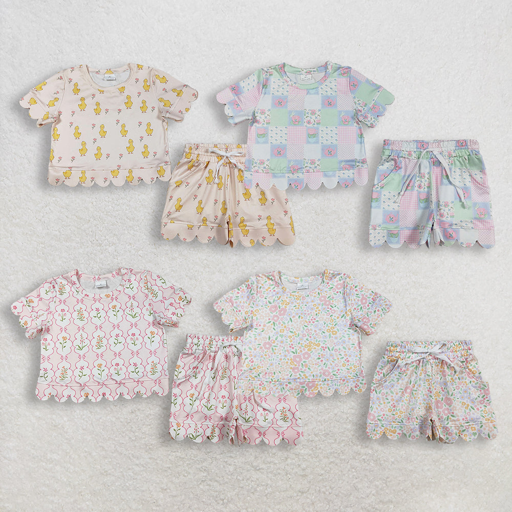 3.37 RTS Sibling Short sleeves floral plaid scallop kids girls summer outfits