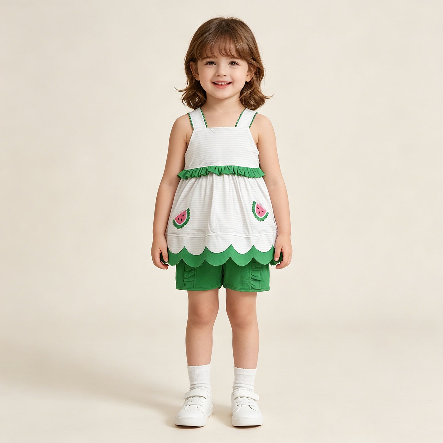 GSSO3164 RTS NO MOQ （In stock）Pink stripe watermelon scallop tunic ruffle shorts girls outfits