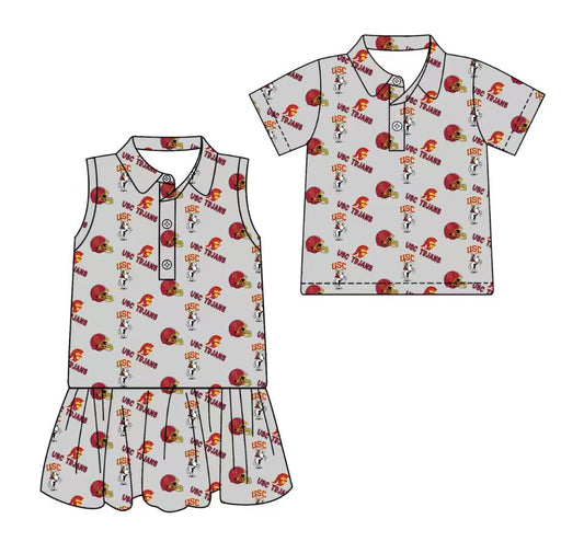 3.17 CUSTOM MOQ 5 Sibling Boys Baby Girls Summer Fashion Short Sleeve Light Gray Button Polo Shirts Sleeveless Dress Team Clothes Sets