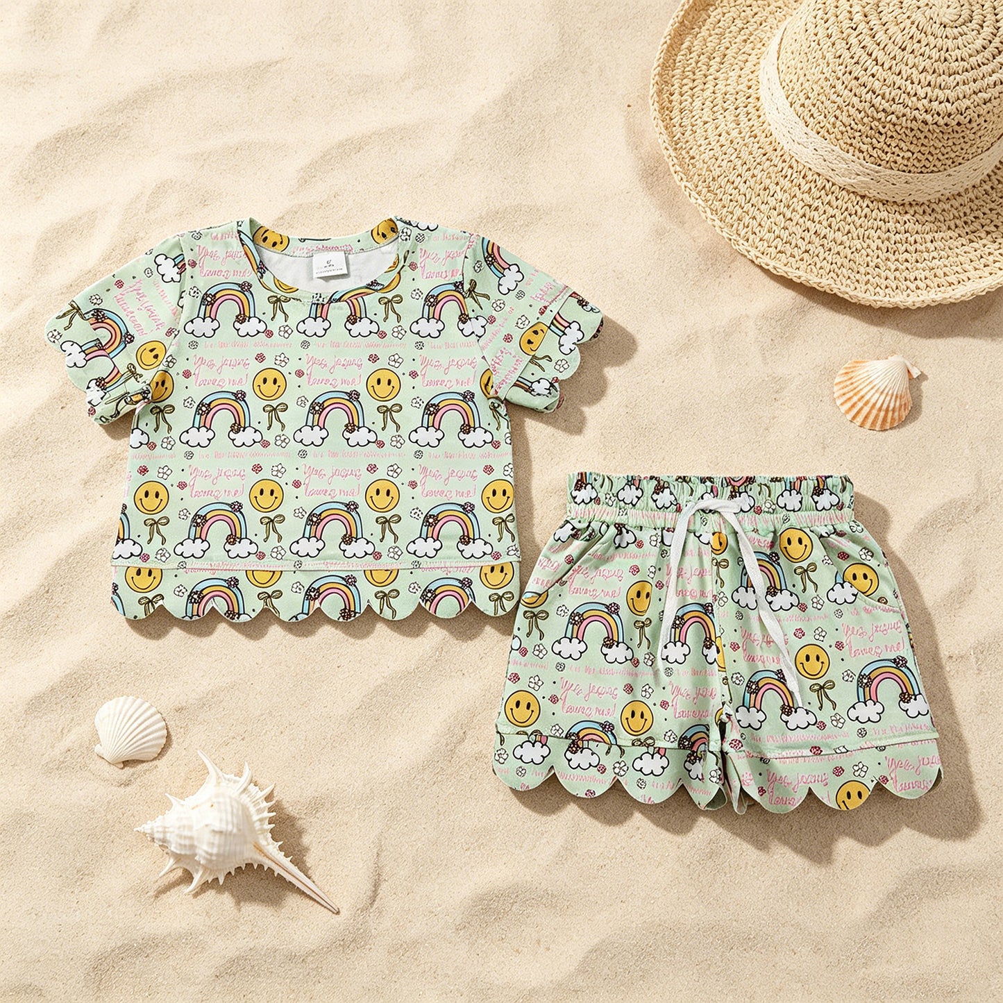 GSSO3283 RTS NO MOQ （In stock ）Baby Girls Rainbow Smiles Flowers Top Pockets Shorts Scallop Clothes Sets