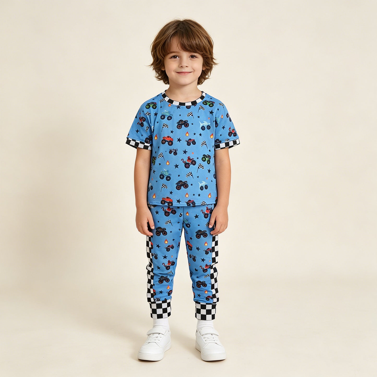 P0950 RTS NO MOQ （In stock）Black plaid blue trucks kids boys pants