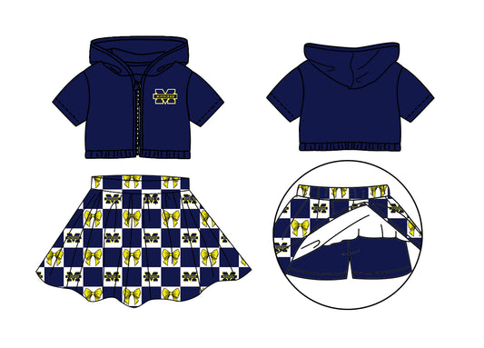 CUSTOM MOQ 5 Kids Clothing for Girls Baby Girls Blue M Hoodie Top Skirt Team Clothes Sets