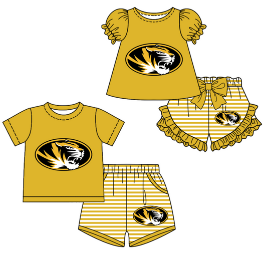 CUSTOM MOQ 5 Sibling Boys Baby Girls Yellow Top Stripe Shorts Clothes Sets