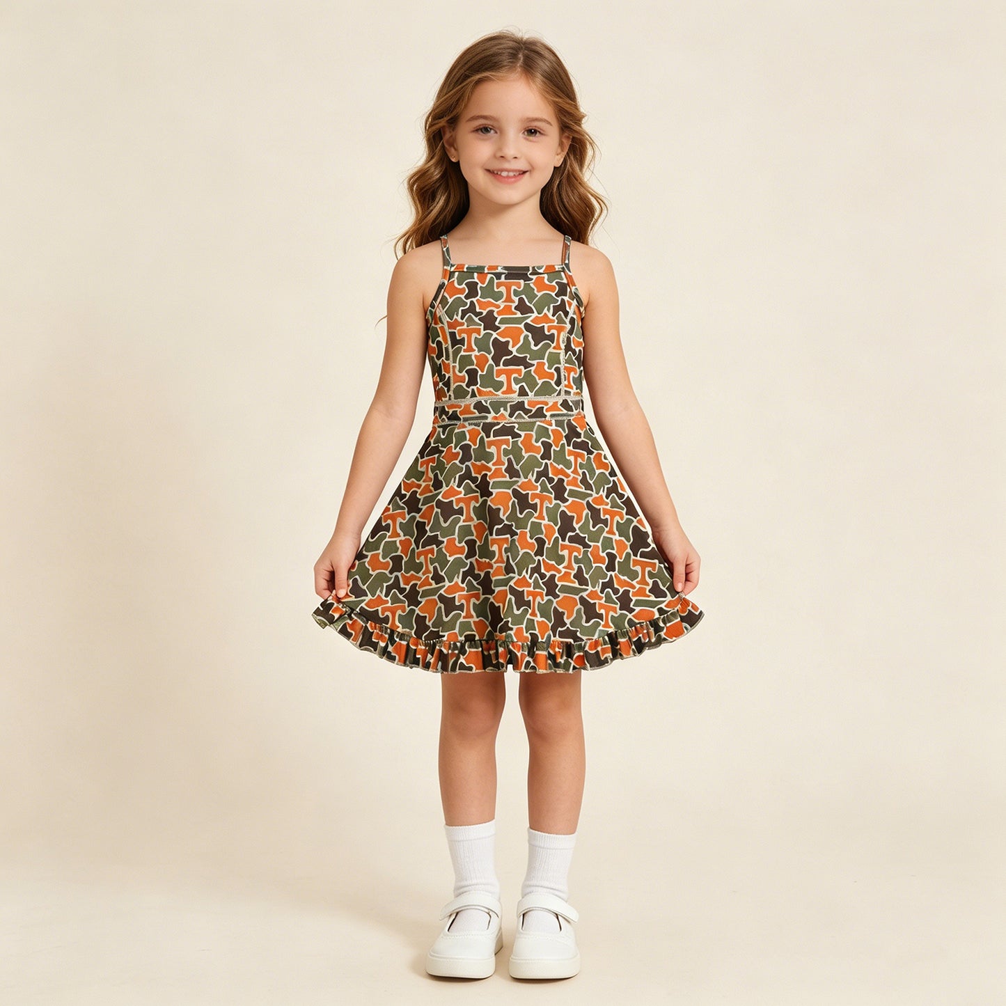 GSD3590 RTS NO MOQ （In stock ）Baby Girls Strap Camo T Team Yoga Active Shorts Ruffle Knee Length Dresses Preorder