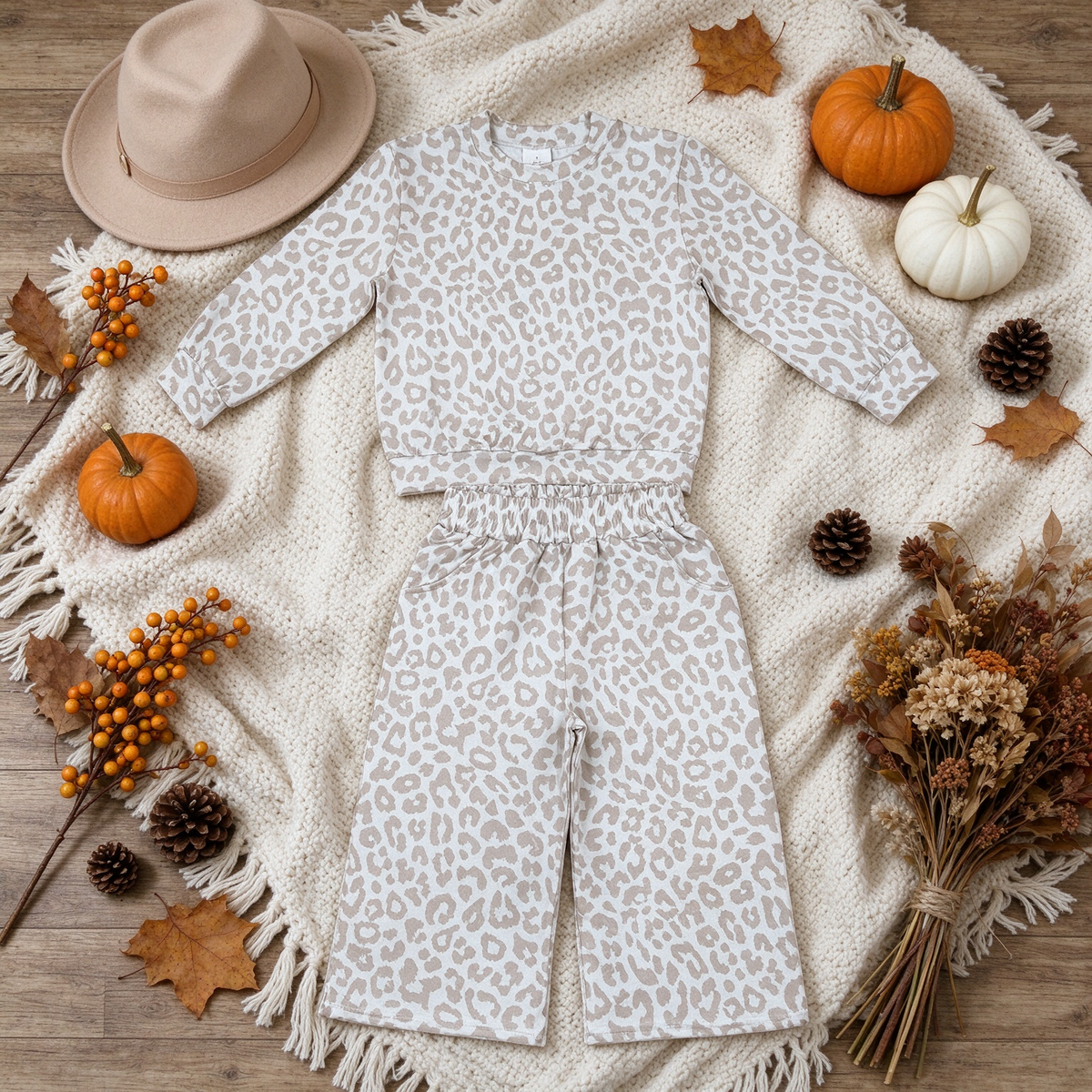 RTS NO MOQ （In stock）milk silk GLP3778 Baby Girls Long Sleeve Grey Leopard Print Top With Pockets Pant Clothes Sets