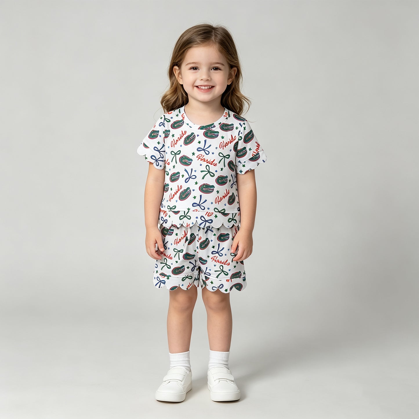 GSSO3249  RTS NO MOQ （In stock）Baby Girls Star Bow Print Top Matching Pocket Scallop Short Two Piece Team Clothes Set