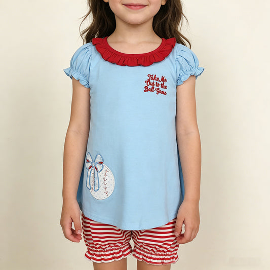 4.7 GSSO3245 RTS NO MOQ （In stock ）Embroidery Baseballs Bows Baby Girls Tunic Stripe Ruffle Shorts Team Clothes Sets