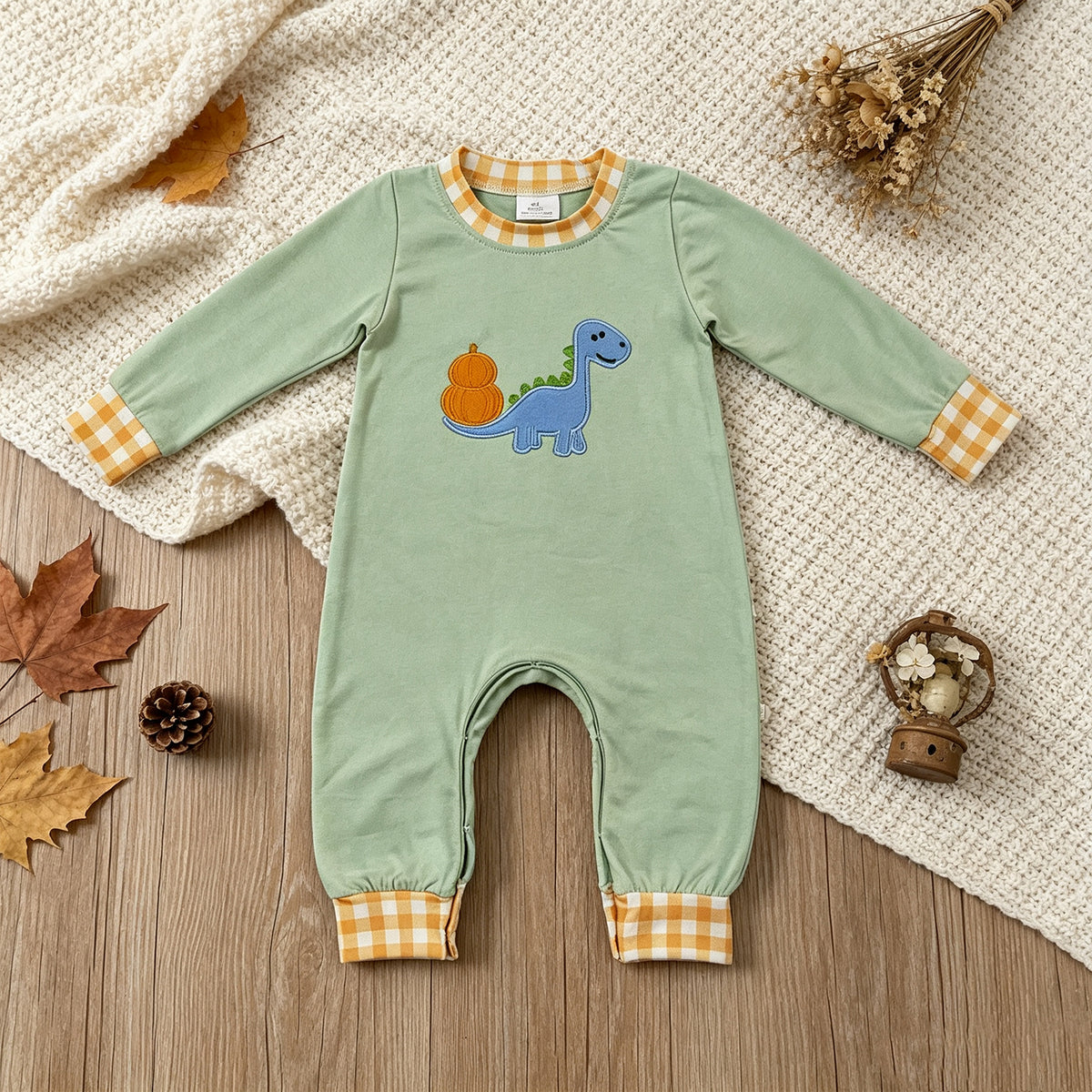 RTS NO MOQ （In stock）milk silk LR3168 Embroidery Pumpkins Dinosaur Baby Boys Fall Long Sleeve Pant Rompers