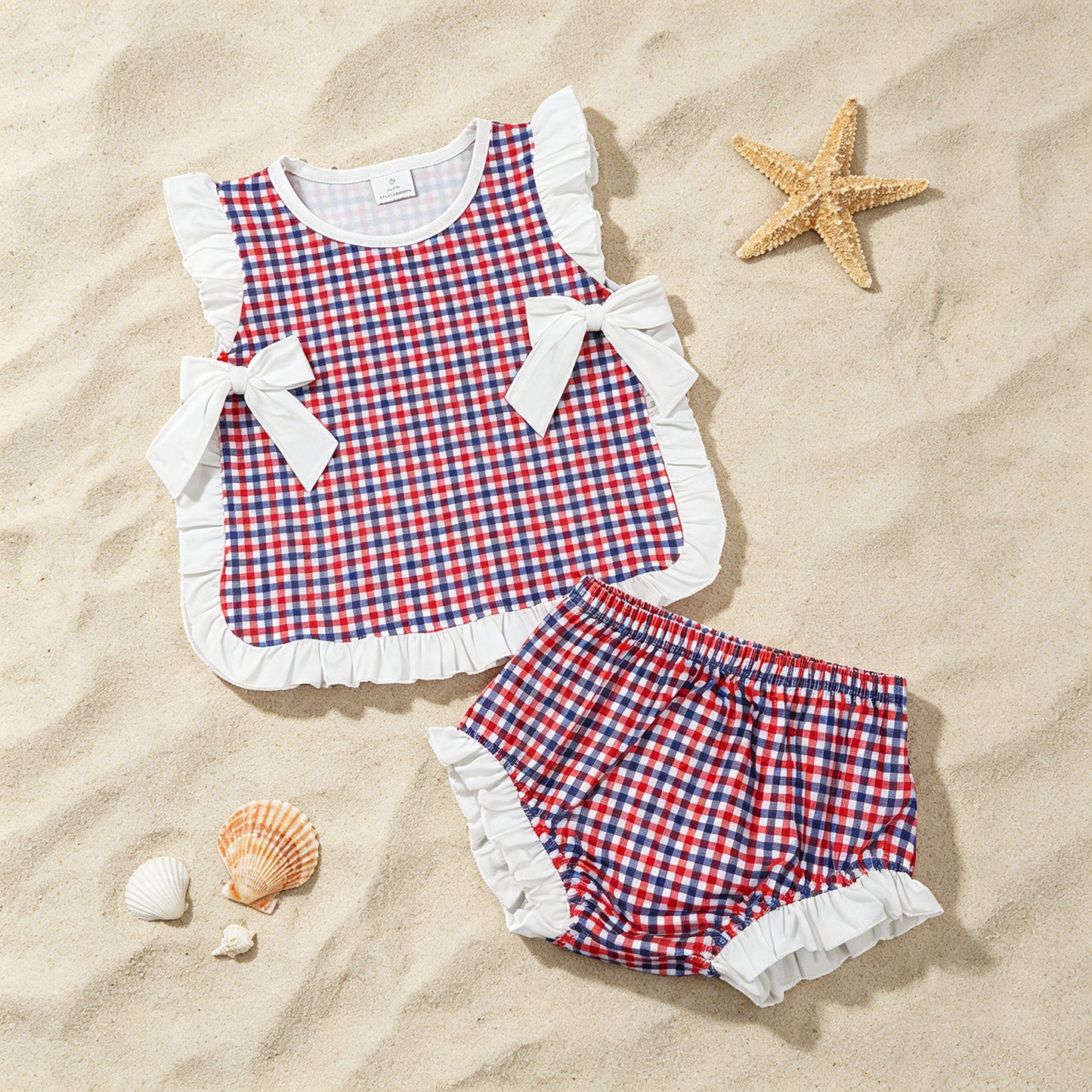 GBO0527 RTS NO MOQ （In stock）Ruffle red blue plaid baby girls 4th of july bummies set