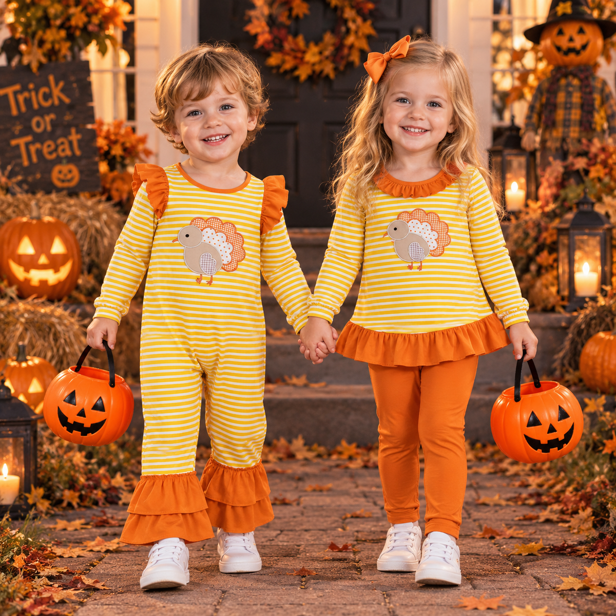 Sibling RTS NO MOQ  milk silk Embroidery Turkey Baby Girls Orange Stripe Tunic Leggings Thanksgivings Clothes Sets And romper