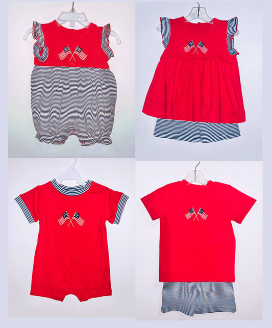 Girls Red White And Blue Stripe Tunic Top with Flag Pattern And Red White And Blue Shorts Outfit Set for 4th of July