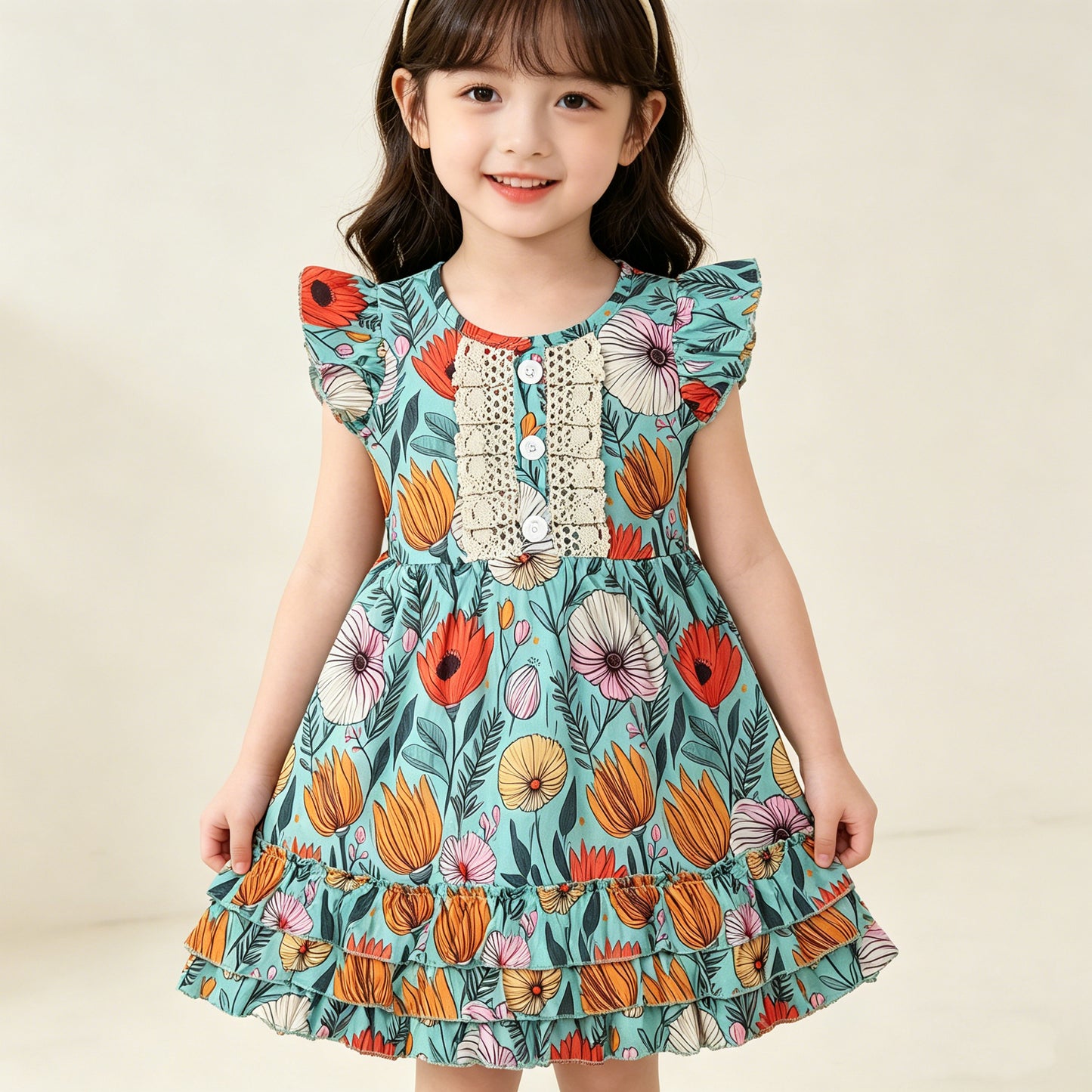 4.11 GSD4093 RTS NO MOQ （In stock ）Baby Girls Flutter Sleeve Colorful Flowers Button Ruffle Knee Length Dresses