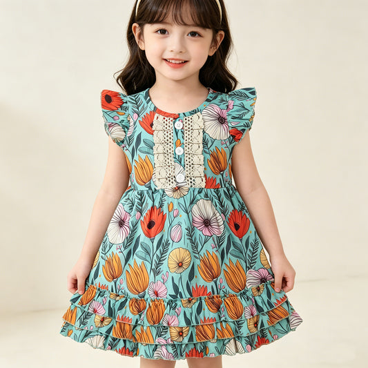 4.11 GSD4093 RTS NO MOQ （In stock ）Baby Girls Flutter Sleeve Colorful Flowers Button Ruffle Knee Length Dresses