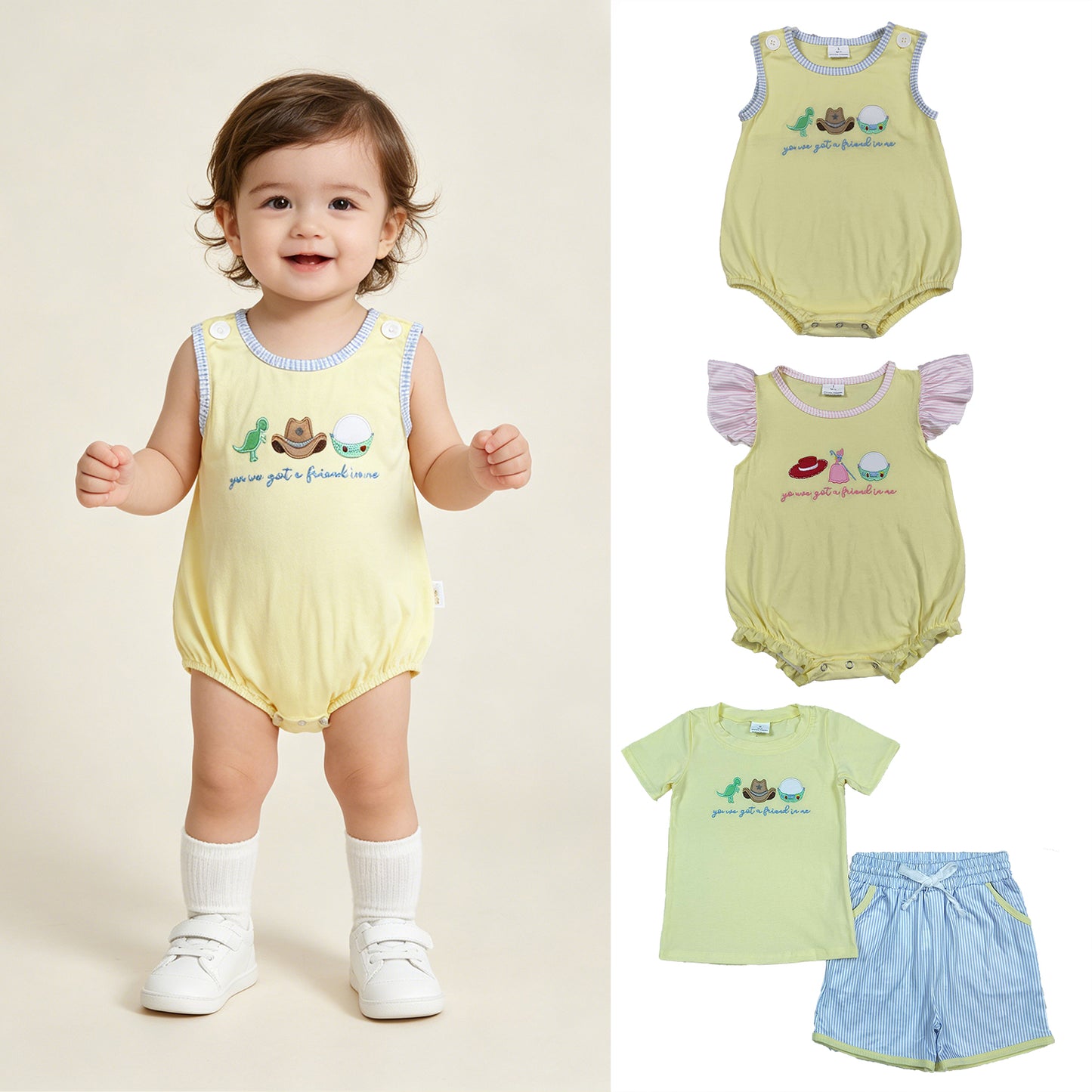 RTS Sibling Dinosaur embroidery top shorts kids summer outfits and romper