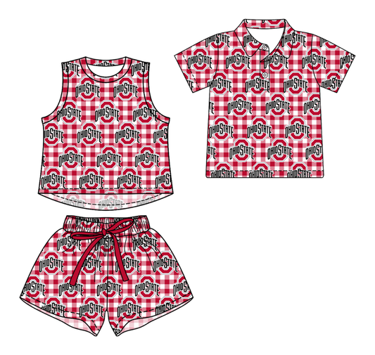 3.14 CUSTOM MOQ 5 Sibling Boys Baby Girls Summer Fashion Red Check Sleeveless Top Shorts Button Polo Shirts Team Clothes Sets