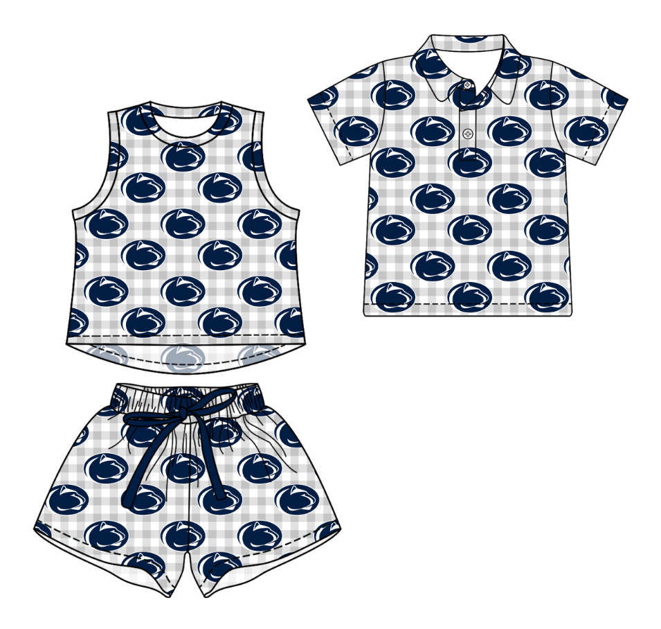 3.16 CUSTOM MOQ 5 Sibling Boys Baby Girls Summer Fashion Gray Check Sleeveless Top Shorts Button Polo Shirts Team Clothes Sets