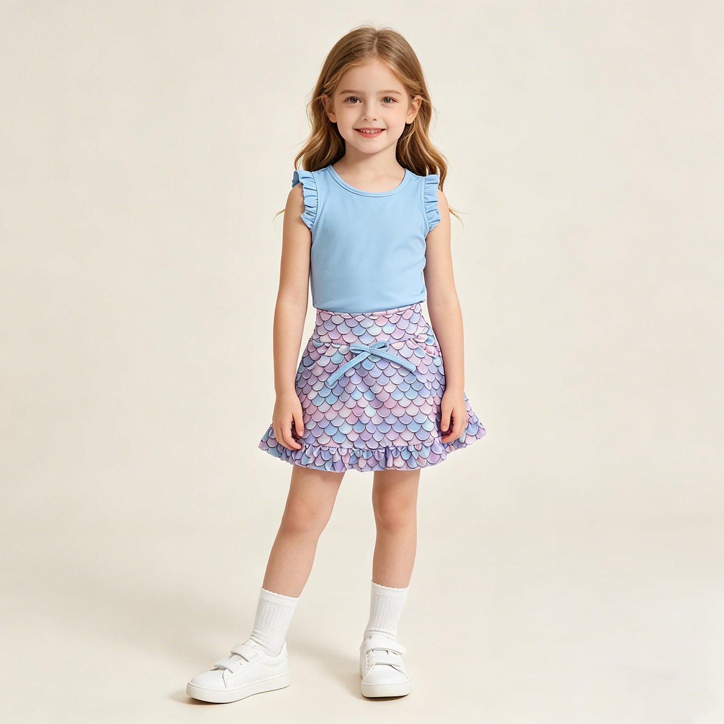 GSD3775 RTS NO MOQ （In stock ）Sleeveless light blue top skirt girls active set