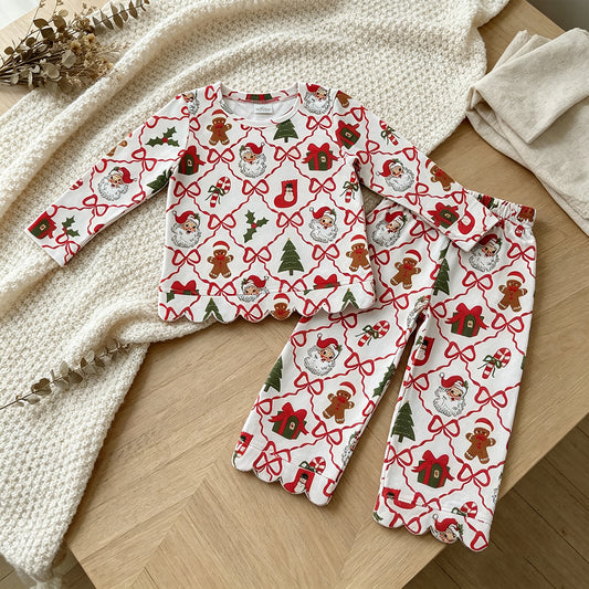 RTS NO MOQ milk silk GLP3447 Baby Girls Santa Tree Plaid Bow Long Sleeve Top Flared Pants Sets