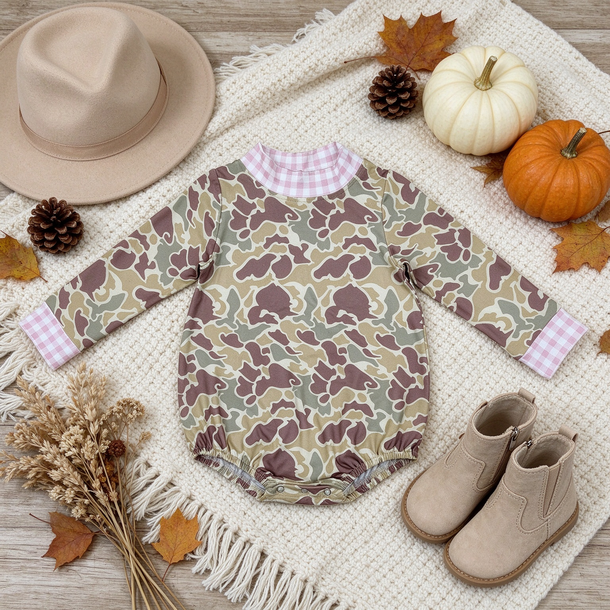 RTS NO MOQ （In stock）milk silk LR3280 Baby Girls High Neck Pink Khaki Green Camo Long Sleeve Choker Rompers