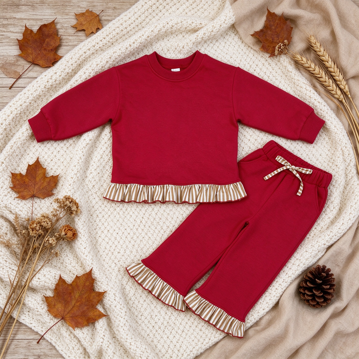 RTS NO MOQ （In stock）fleece GLP3644 Sweatshirt Material Kids Girls Red Long Sleeve Top Pockets Pants Sweatshirt Clothes Set Fall Outfit