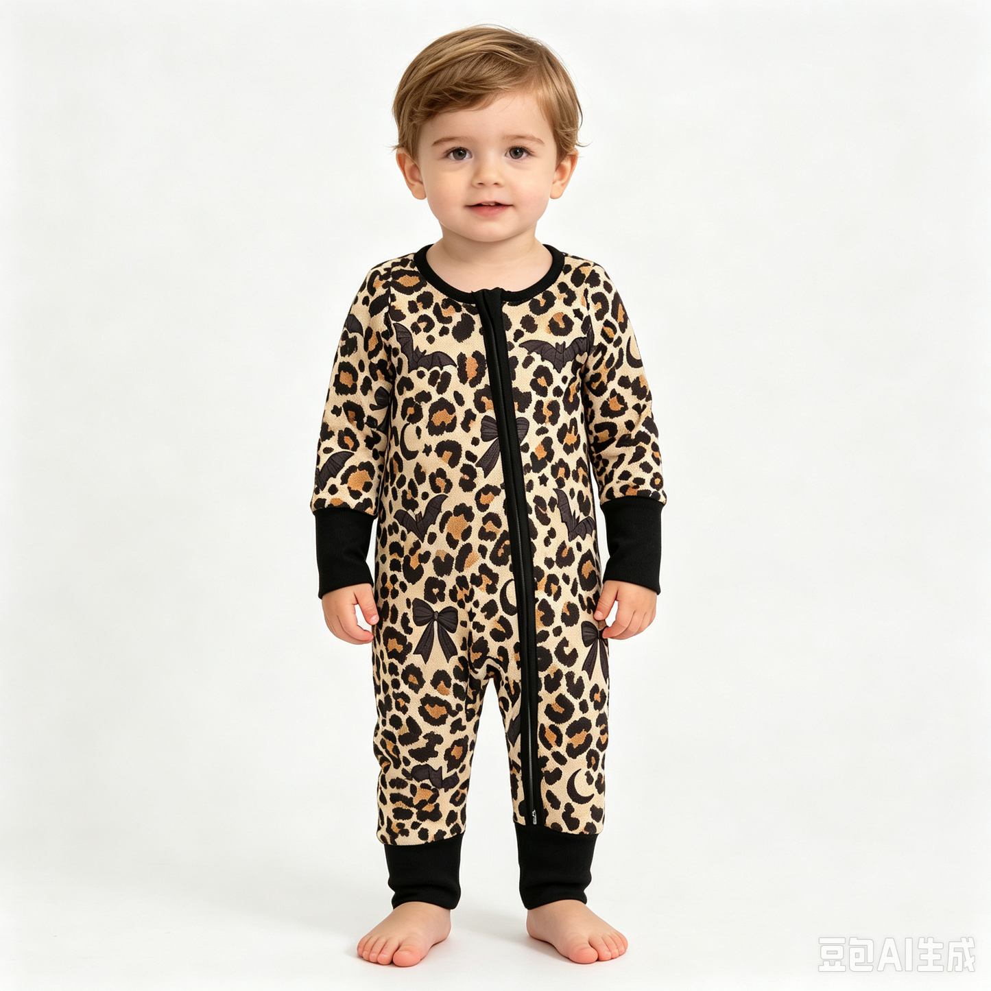 LR3242 Sample No Moq milk silk Baby Boys Leopard Bats Halloween Print Two Way Zip Front Convertible Romper