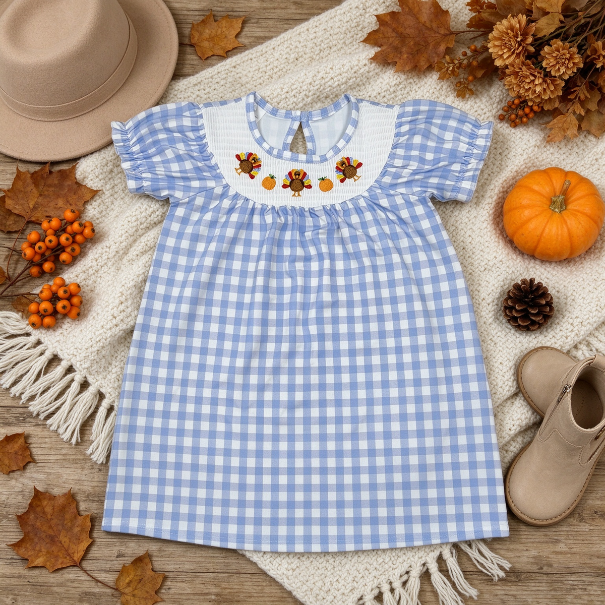 RTS NO MOQ （In stock）milk silk GSD4250 Smocked Baby Girls Short Ruffle Sleeve Turkey Thanksgiving Print Checked Knee Length Dress(3-6M-7-8T)