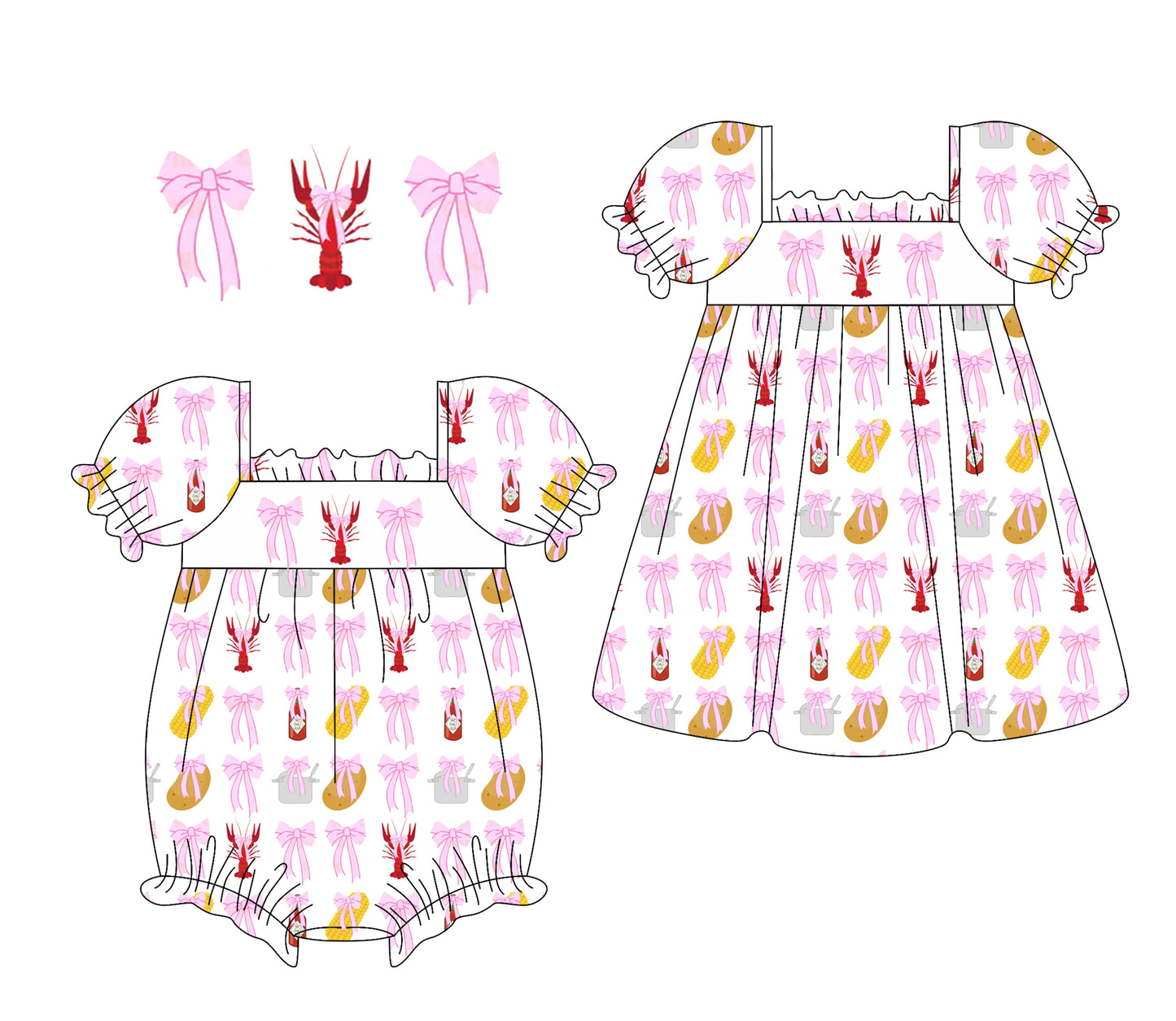 Baby Girls Short Ruffle Sleeves Pink Bows Crayfishes Corn Dress
