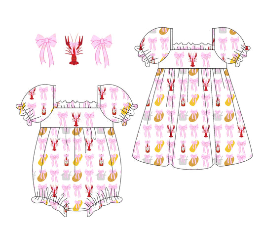 Baby Girls Short Ruffle Sleeves Pink Bows Crayfishes Corn Dress