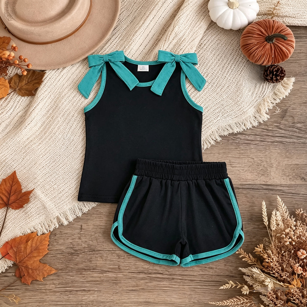 RTS NO MOQ （In stock）GSSO3856 milk silk Baby Girls Black Lake Blue Bows Sleeveless Vest Short Clothes Sets