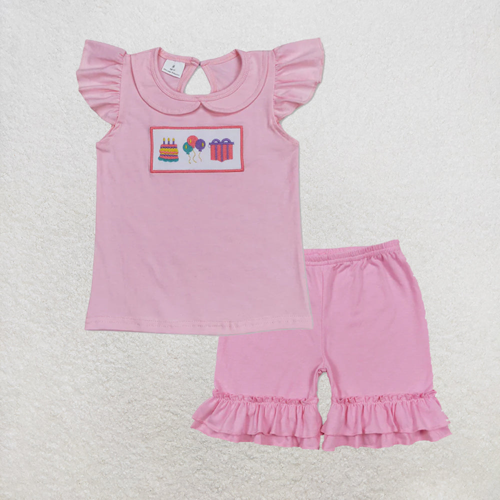 5.26 RTS NO MOQ （In stock）GT0501+SS0181 Pink flutter sleeves cake balloon gift kids girls birthday shirt with Pink ruffle cotton baby girls summer shorts