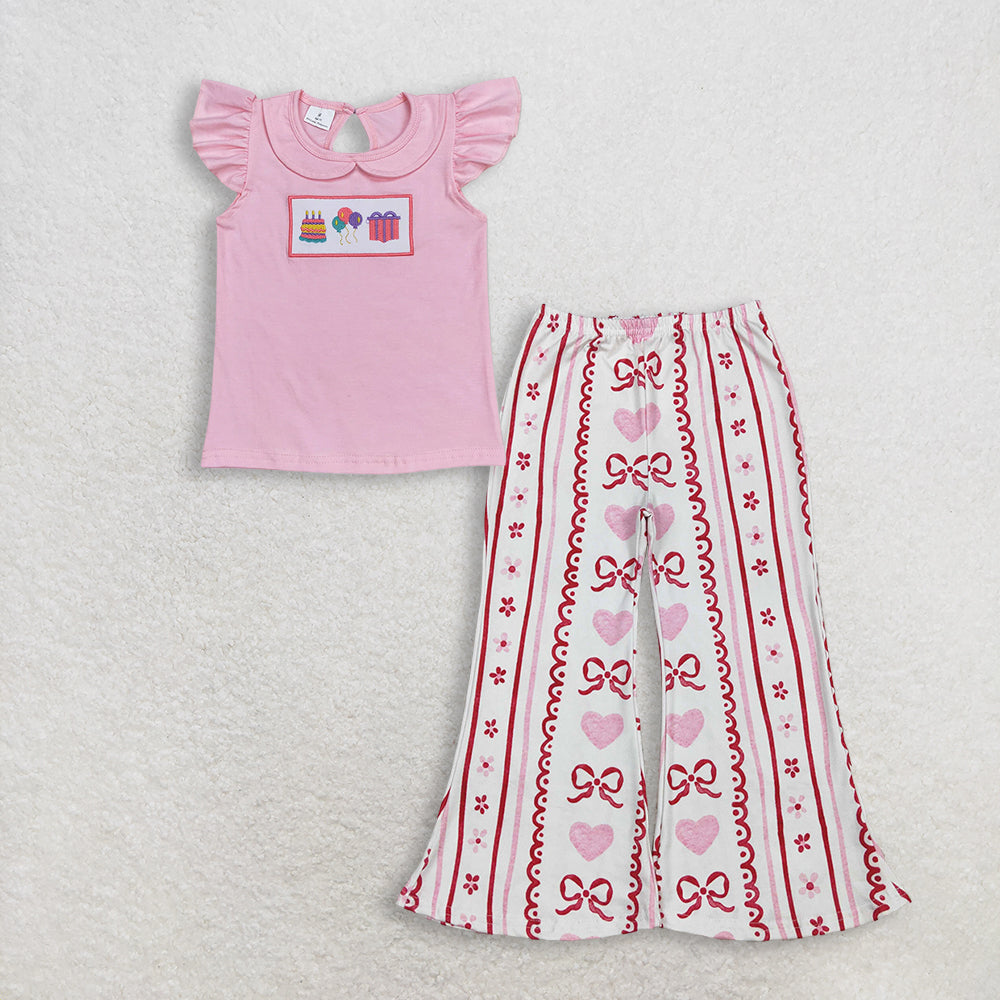 3.11 RTS NO MOQ （In stock）GT0501 + P0894 Baby Girls Birthday Pink Flutter Sleeve Tee Shirts Tops Bows Hearts Flowers Stripe Valentines Flare Pants Bottom