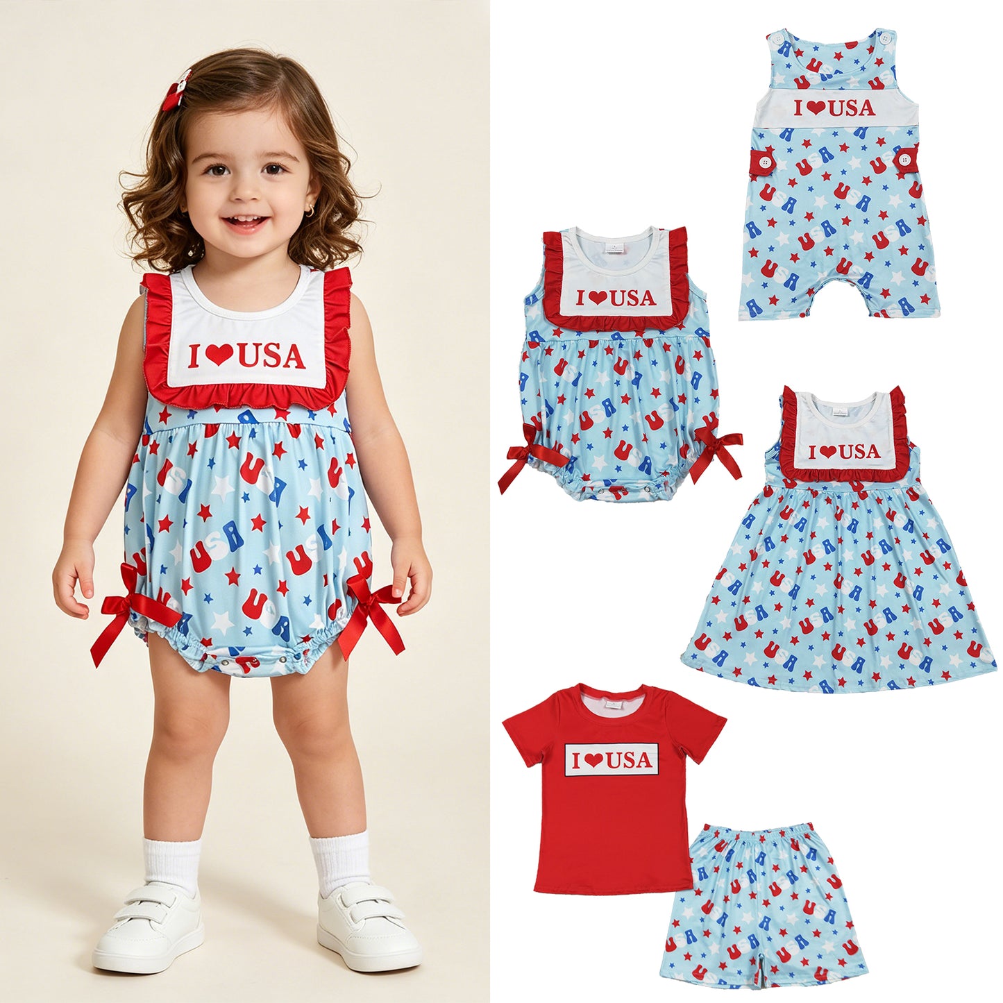 RTS Sibling Short sleeves I love USA top shorts kids 4th of july outfits and romper