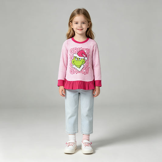GT1154 RTS NO MOQ （In stock）milk silk Cute Clothes Baby Girls Print Plaid Christmas Short Sleeve Tee Shirt Holiday Top