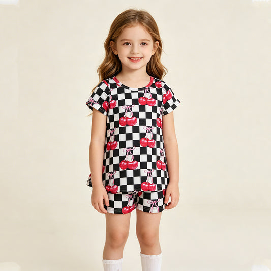 GSSO3075 RTS NO MOQ （In stock Short sleeves black plaid cherry top shorts girls outfits