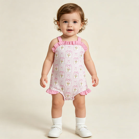 SR4112 RTS NO MOQ （In stock）Pink straps stripe bow floral baby girls summer romper