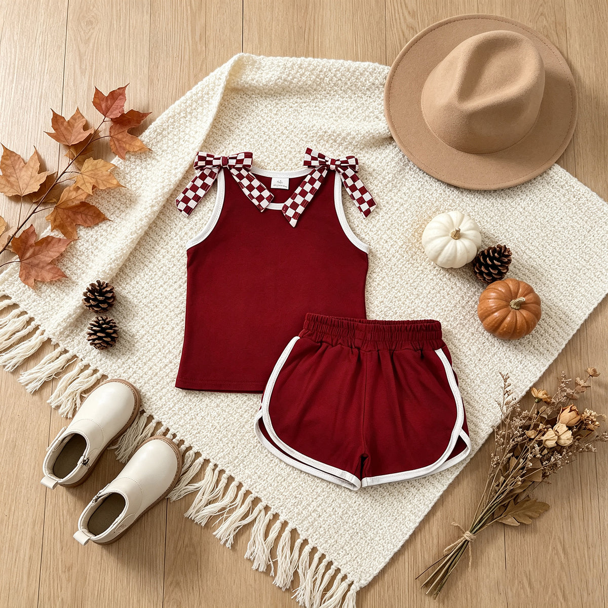 RTS NO MOQ （In stock）GSSO3859 milk silk Baby Girls Maroon Checked Bows Sleeveless Vest Short Clothes Sets