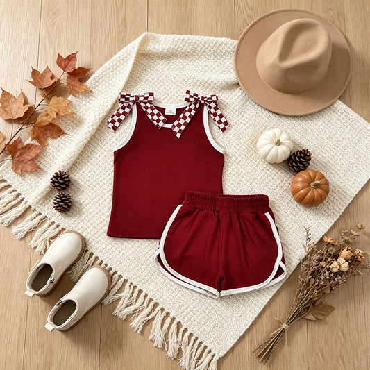 RTS NO MOQ （In stock）GSSO3859 milk silk Baby Girls Maroon Checked Bows Sleeveless Vest Short Clothes Sets