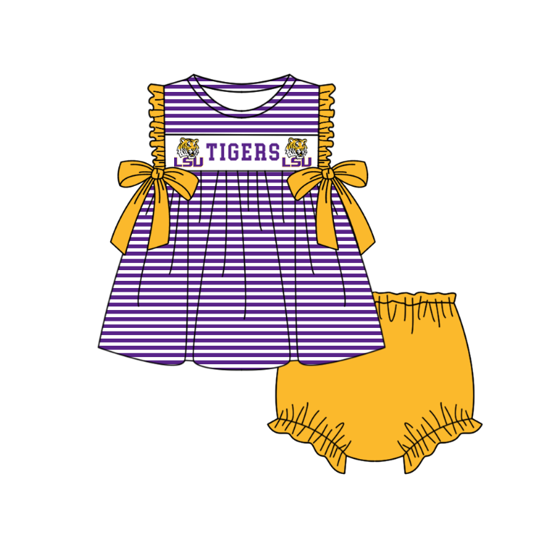 CUSTOM MOQ 5 Sibling Baby Kids Purple Stripe Top Ruffles Shorts Clothes Set Knee Length Dress Rompers