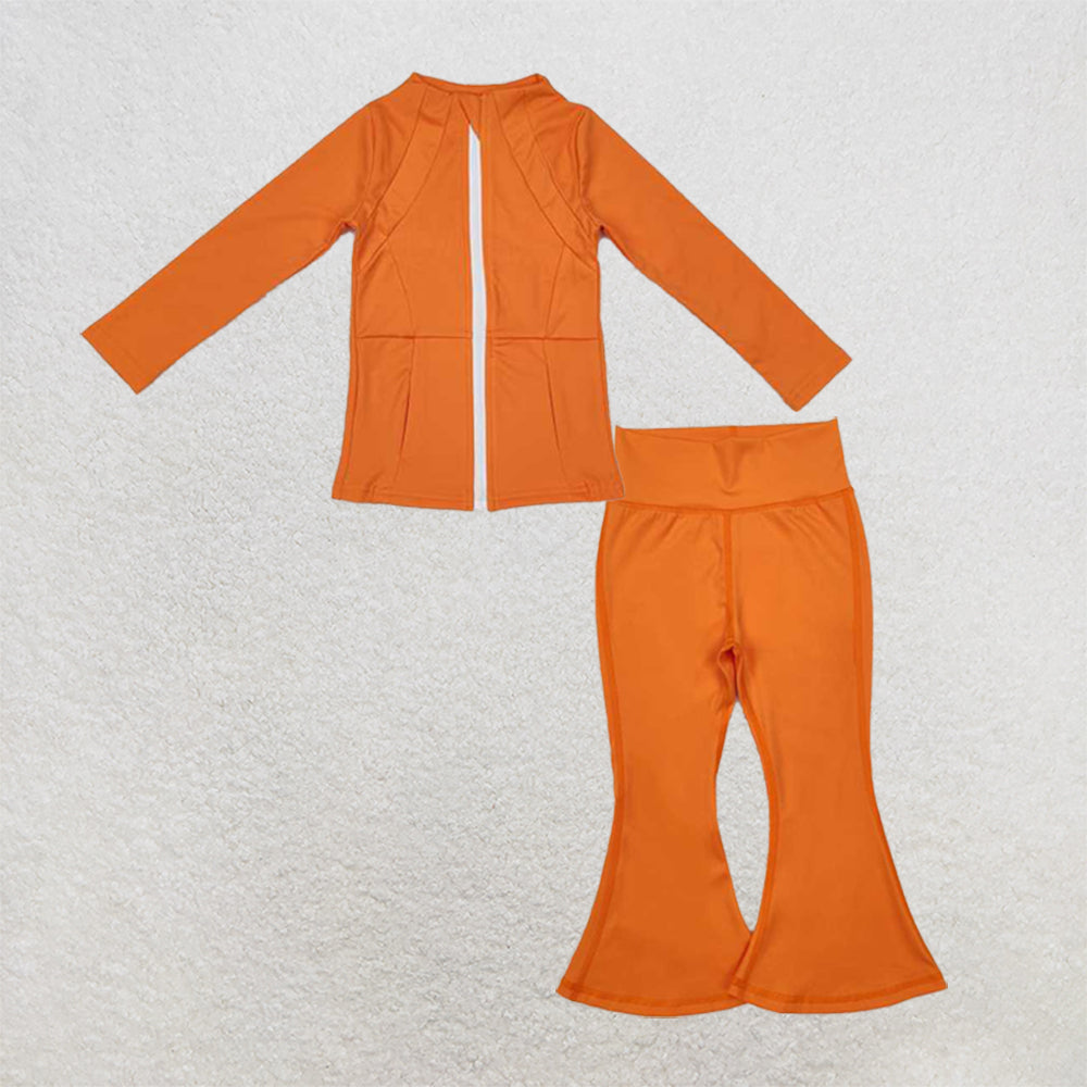 6.03  New Rts No Moq 8-9 Days By Air Arrived it Orange Long Sleeve Zipper Baby Girl Yoga Clothing Set Comfortable Breathable Kids Active Wear for Girls