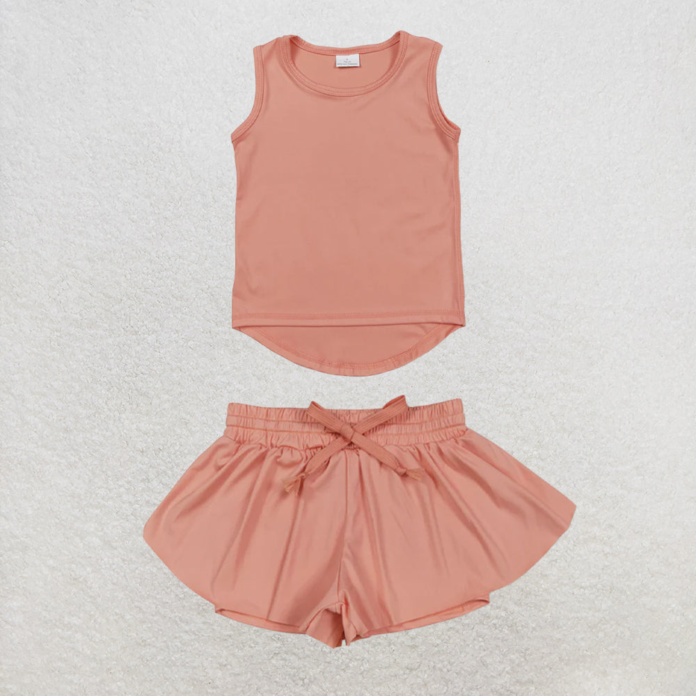 5.25 RTS NO MOQ （In stock）GT0984+SS0547 Peach sleeveless kids girls activewear top with activewear summer yoga shorts