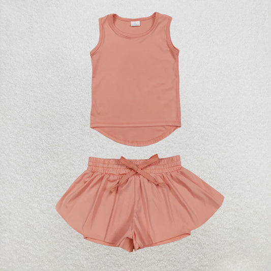5.25 RTS NO MOQ （In stock）GT0984+SS0547 Peach sleeveless kids girls activewear top with activewear summer yoga shorts
