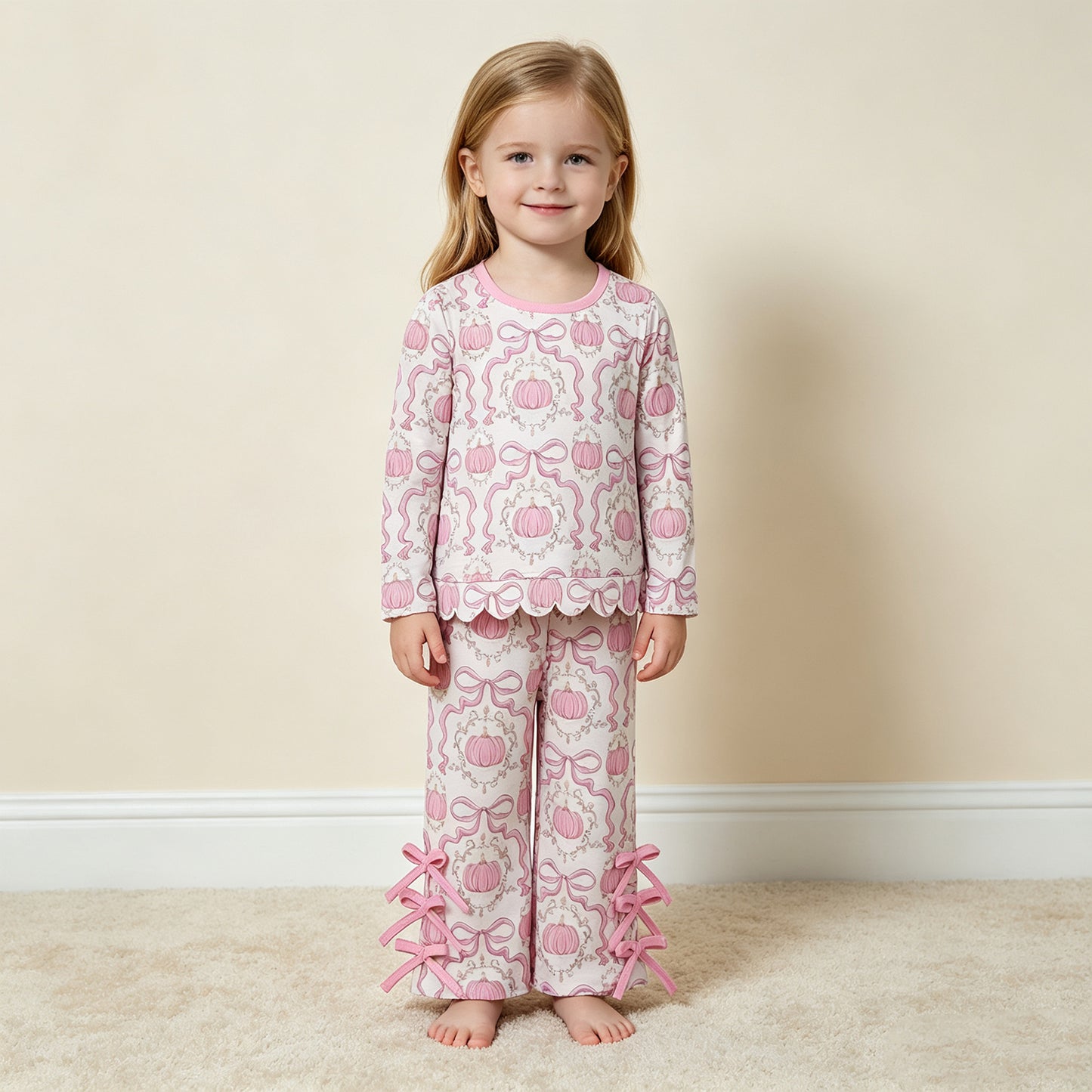 RTS NO MOQ milk silk GLP3437 Baby Girls Bows Pumpkins Checked Scallop Top Bows Pants Set