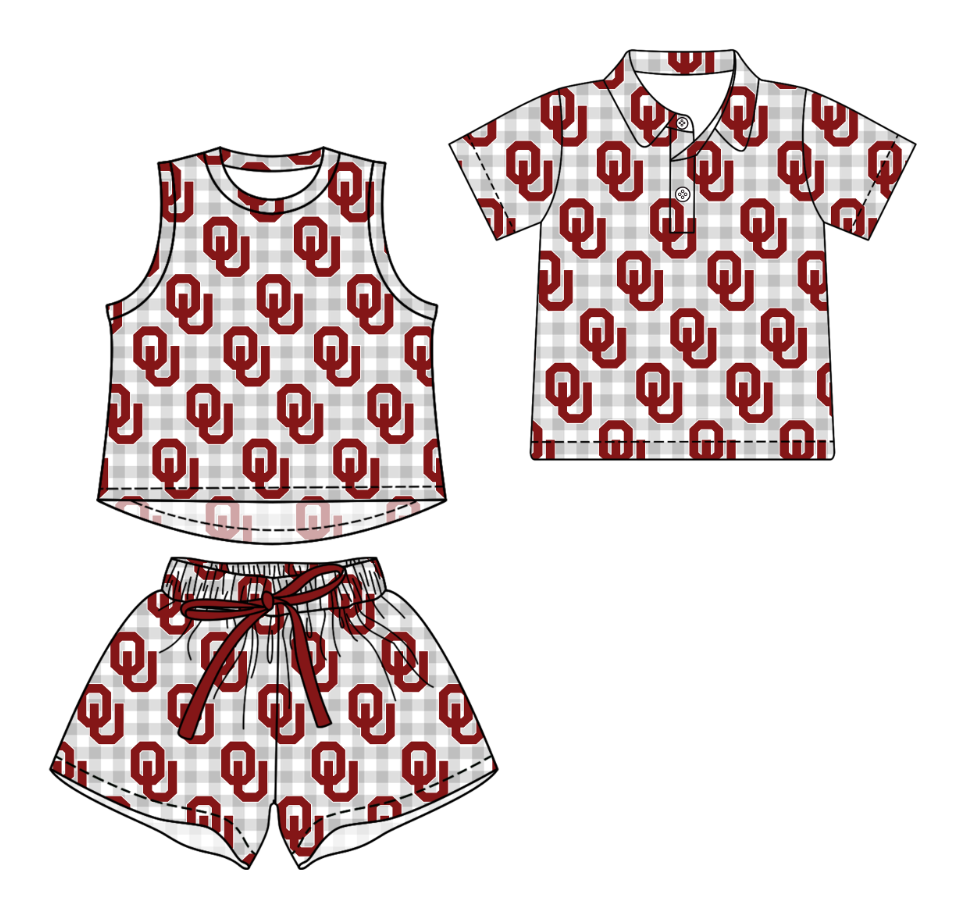 3.14 CUSTOM MOQ 5 Sibling Boys Baby Girls Summer Fashion Gray Check Sleeveless Top Shorts Button Polo Shirts Team Clothes Sets