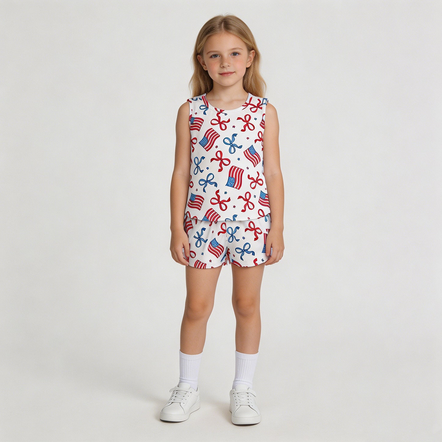 GSSO3520 RTS NO MOQ （In stock）Sleeveless bow flag top shorts kids girls 4th of july outfits