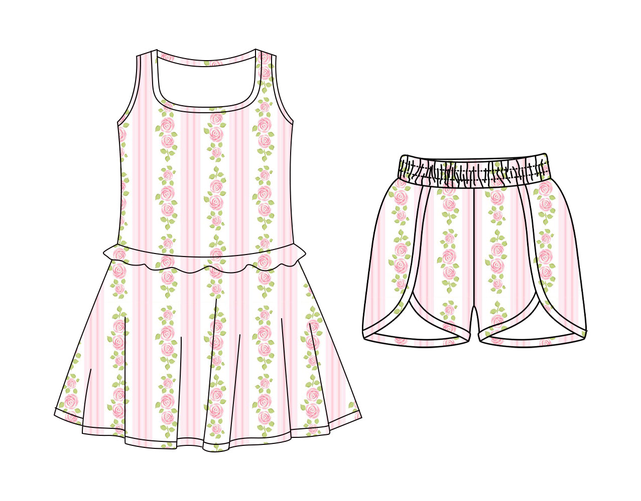 CUSTOM MOQ 5 Sibling Baby Girls Sleeveless Pink Flowers Knee Length Dress Shorts Yoga Athletic Sets