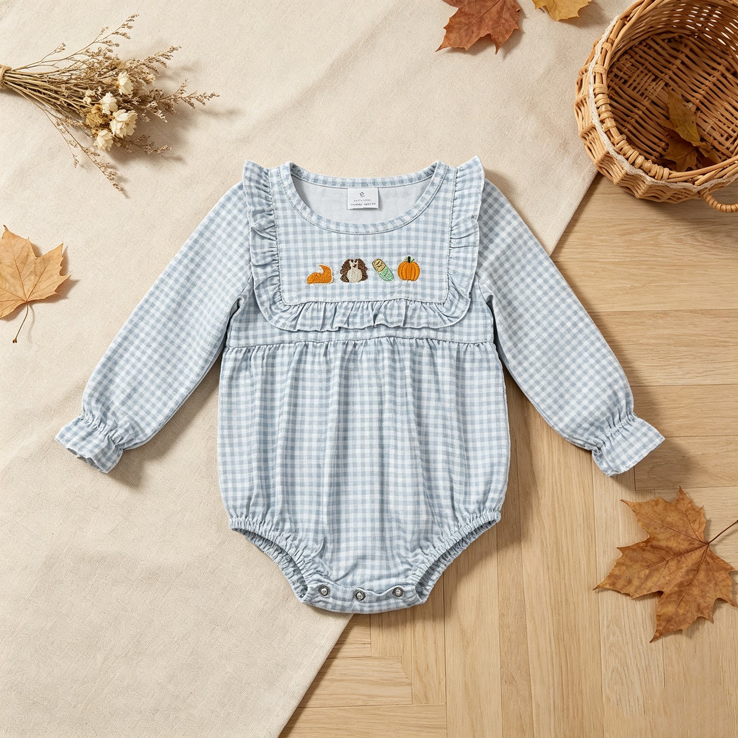 RTS NO MOQ （In stock）milk silk LR3104 Embroidery Turkey Pumpkins Baby Girls Thanksgiving Ruffle Rompers