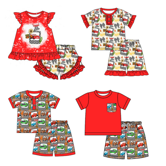 Red short sleeves pocket top cars shorts boys clothes