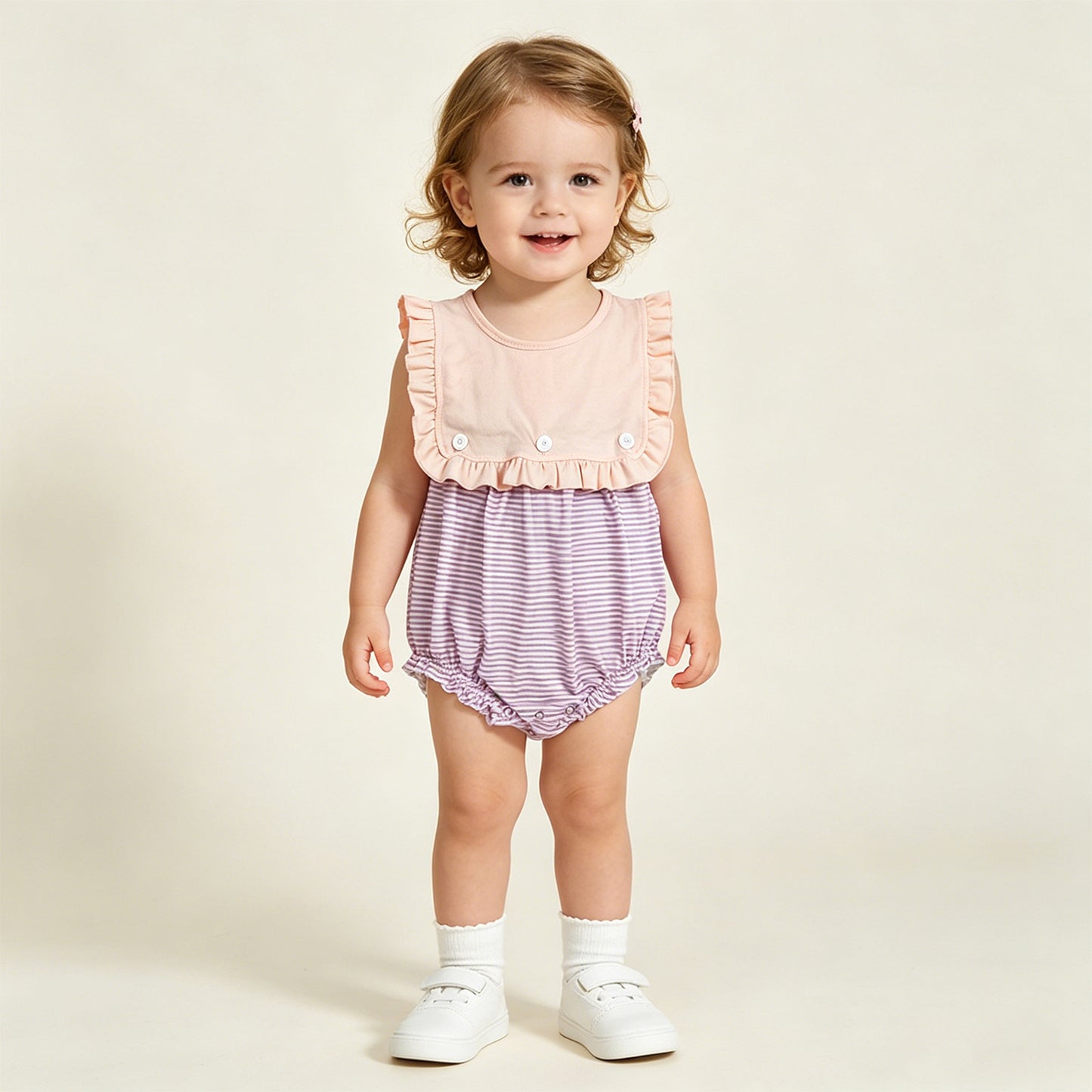 SR3941 RTS NO MOQ （In stock）Purple stripe ruffle baby girls summer romper