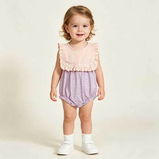 SR3941 RTS NO MOQ （In stock）Purple stripe ruffle baby girls summer romper